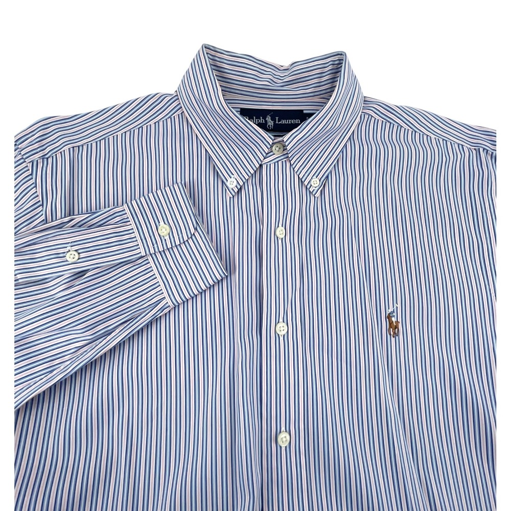 Ralph Lauren Classic Fit Striped Button Down Shirt Blue Pink Mens 16.5 34/35